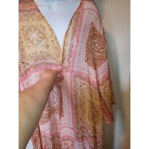Maurices‎ 2X Pink Gold Floral Kimono Wrap Cover Up Polyester Long Boho Bohemian